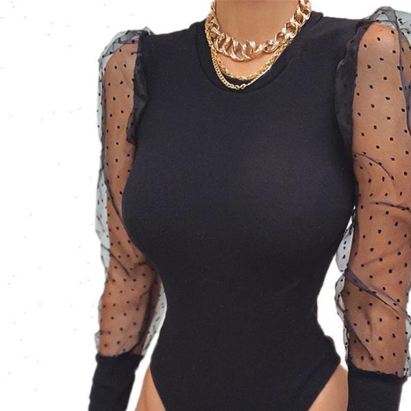 

mesh puff sleeve elegant womens jumpsuits bodysuits long solid bodycon jumpsuit vintage club body femme, Black;white
