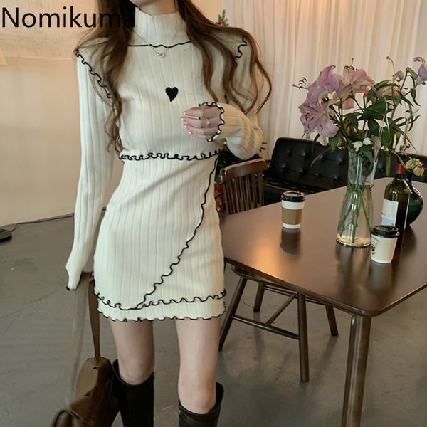 

nomikuma knitted bodycon dresses contrast color long sleeve turtleneck stretch dress women love heart pattern robe 210514, Black;gray