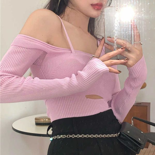 

women's sweaters fake two-piece hollow knitted sweater bottoming shirt autumn pink strapless tight-fitting long-sleeved 2jle, White;black