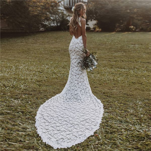 BOHO Hochzeit für Frauen Meerjungfrau Schlitz Rückenfreier Spitzen Böhmischer Braut Kleider Heirliche Kleider Strand Vestidos de Novia