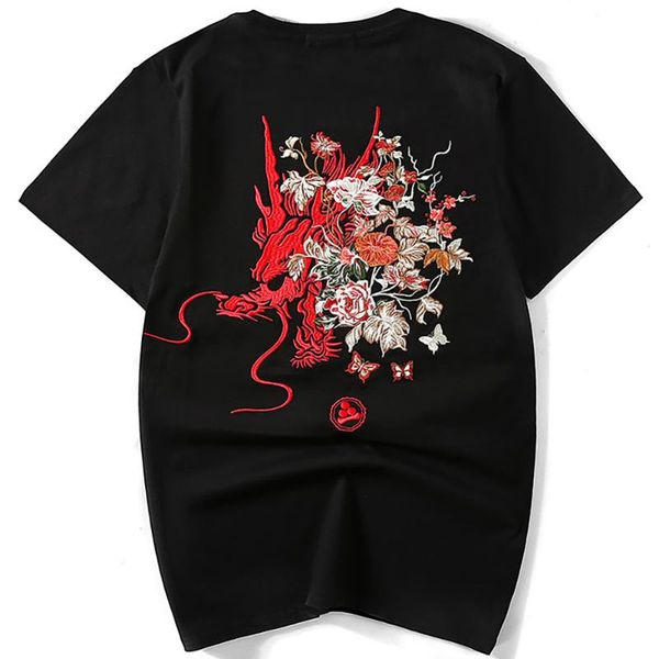 

japanese yokosuka floral embroidery t shirt for men summer cotton fashion harajuku tshirt men's t-shirts, White;black