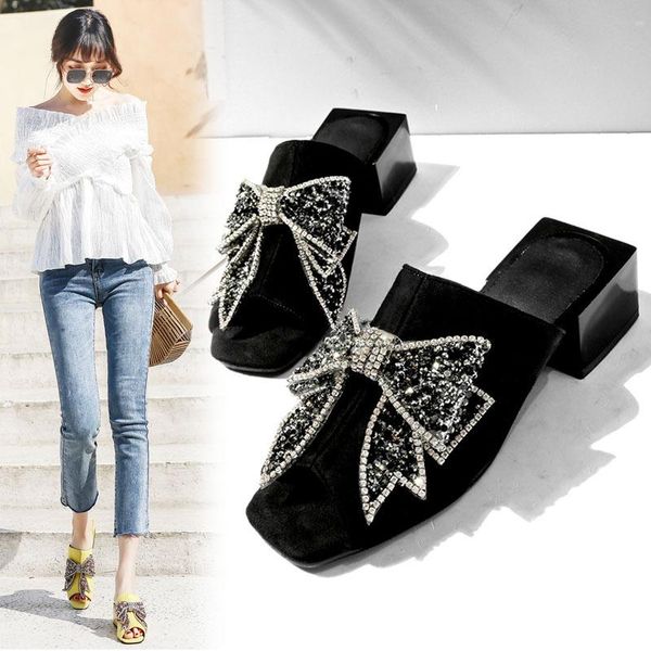 

slippers fashion black yellow butterfly-knot decor woman summer shoes med square heels outside beach slipper slides