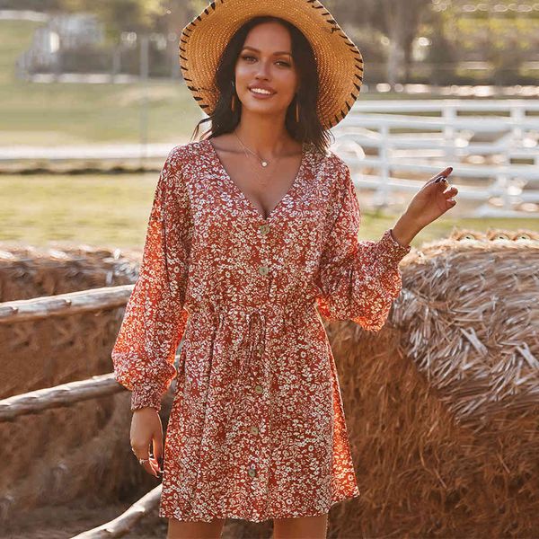 

dress floral print dress women 2021 spring clothes a line puff sleeve lace up v neck with button ladies casual loose vintage dresses kd6o, Black;gray