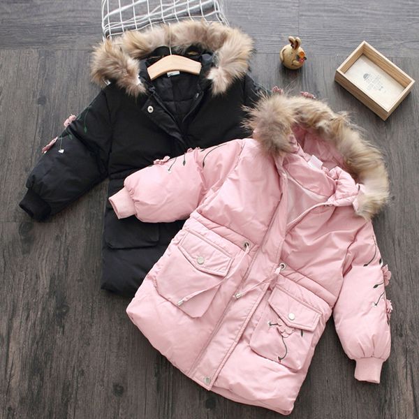

2021 winter 3-9 10 11 12 years teenager thickening faux fur floral print hooded coat medium long down jacket for kids baby girls, Blue;gray