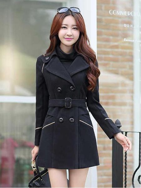 

women's wool & blends fashion women coats with belt plus size double breasted overcoat turn-down collar office ladies winter outerwear, Black