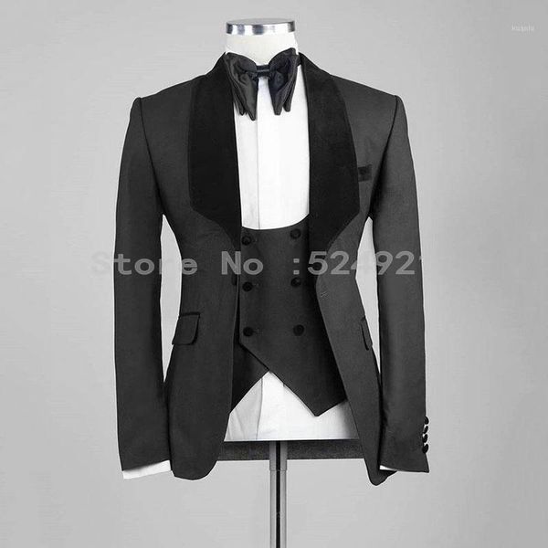 

men's suits & blazers groomsmen dark grey groom tuxedos shawl black velvet lapel mens wedding man 3 pieces ( jacket+pants+vest+tie ) c8, White;black