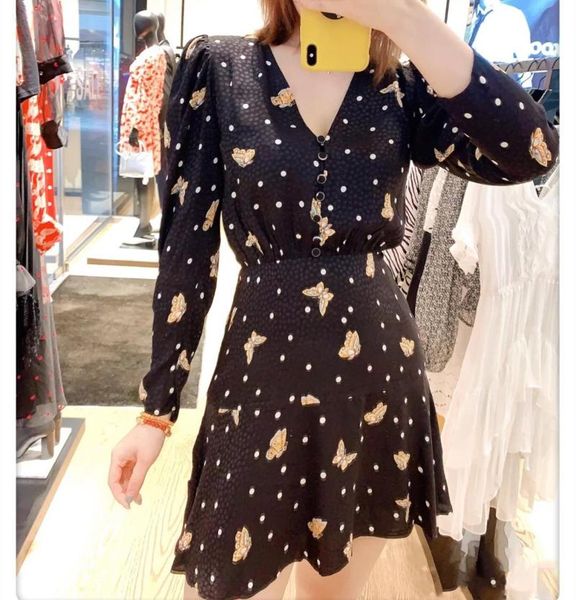 

casual dresses butterfly print womens mini dress 2021 autumn and winter v-neck puff sleeve slim waist elegant lady short clothes, Black;gray