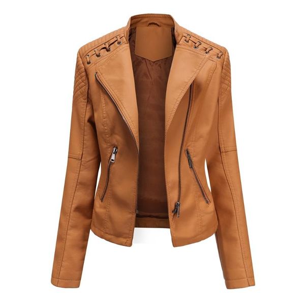 

hirigin 2021 fashion jacket women faux leather autumn long sleeve lapel neck zip up moto biker short coat with pockets women's jackets, Black;brown