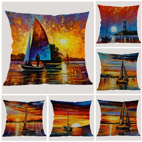 

cushion/decorative pillow oil painting style sunset landscape cushion cover colorful sailing lighthouse throw rural decorative case