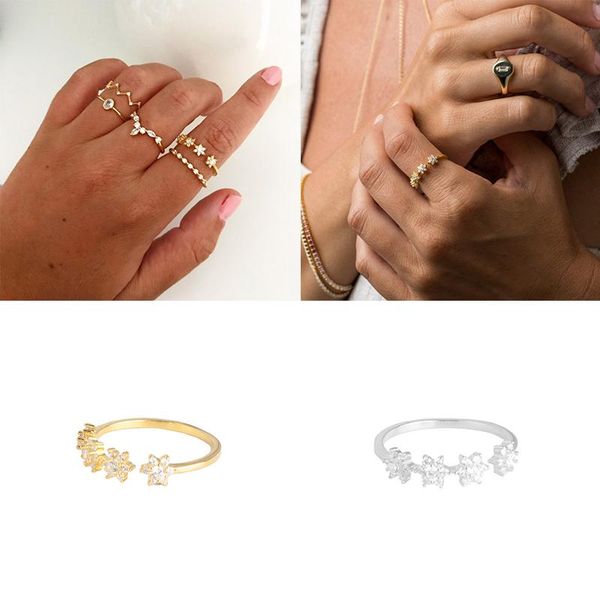 

cluster rings romad 925 sterling silver open zircon luxury snowflake finger ring for women girls party wedding anillos w3, Golden;silver