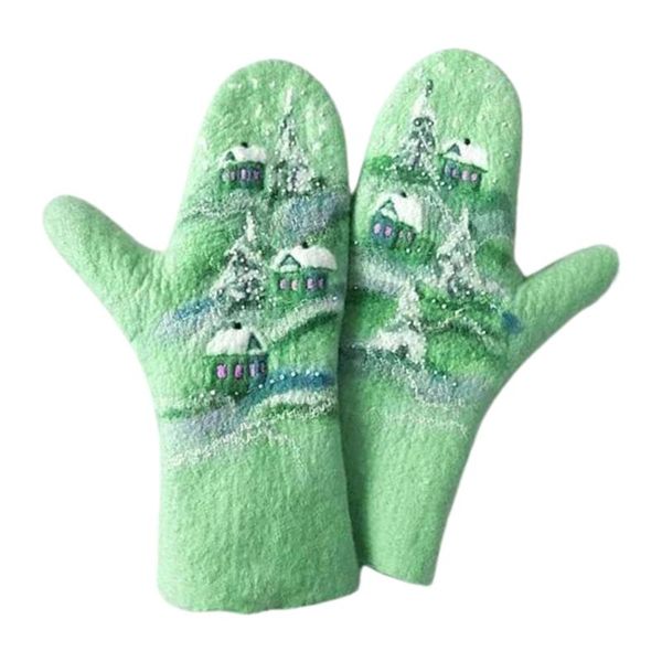 

five fingers gloves women winter faux cashmere full finger christmas landscape houses tree print thicken warm outdoor windproof thermal, Blue;gray