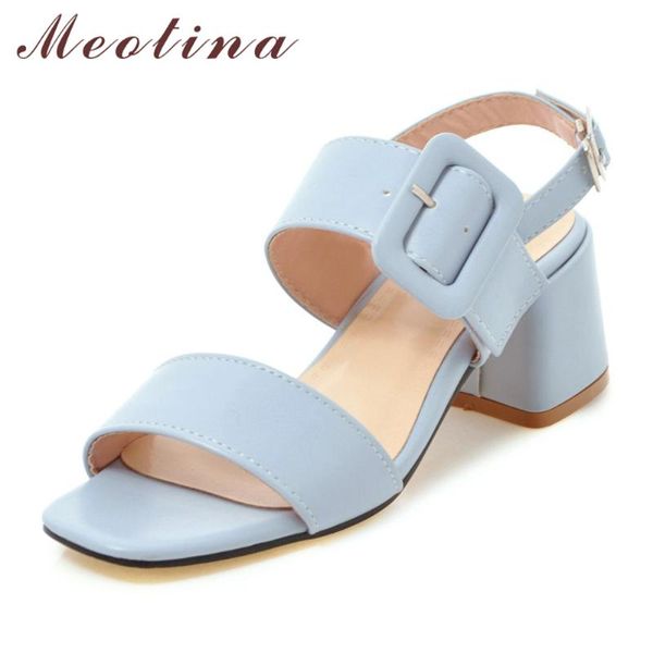

dress shoes meotina women summer sandals buckle chunky high heel party elegant open toe ladies blue pink plus size 34-43, Black