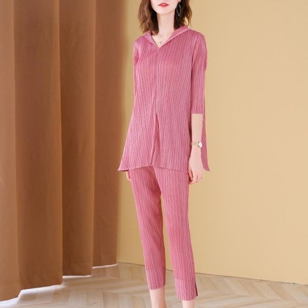 

women's pants suit plus size 2021 autumn miyake pleated elastic loose hooded v-neck + pencil for female 45-75kg two piece, White