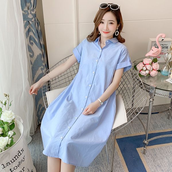 

dresses korean summer blue pregnancy turn-down collar blouse es loose button maternity gown pregnant women clothing, Black;gray