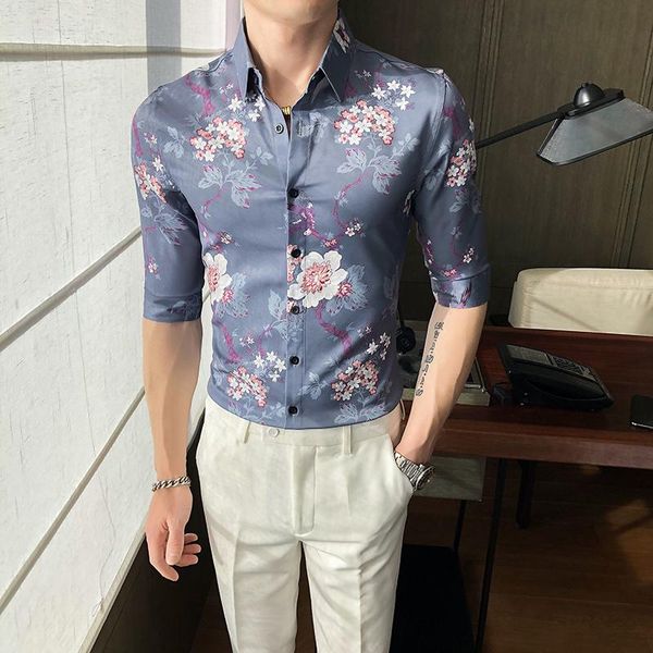 

men's casual shirts men fashion social business shirt slim fit half sleeve floral dress autumn print blouse, White;black