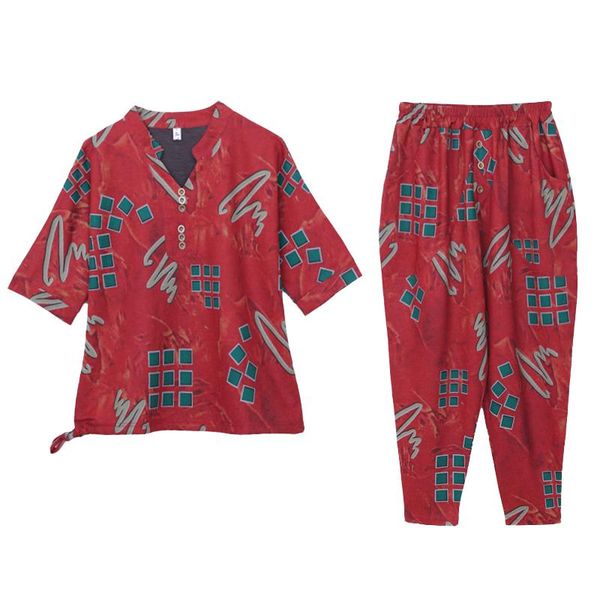 

korean fashion clothing ladies retro print long-sleeve summer temperament elegant suit loose large size two-piece harem pants women's t, White