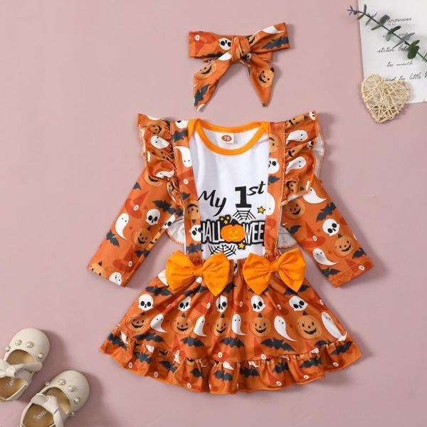 

clothing sets baby halloween printed clothes set girl long sleeve round-neck romper+ruffle suspender skirt+bow-knot headband1, White