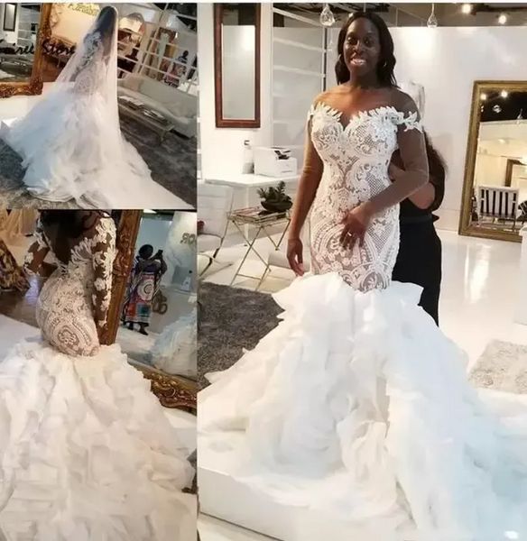 Африканские длинные рукава свадебные платья кружева русалка иллюзия роскошные оборками на заказ плюс размер свадьба свадебное платье Vestido de Novia BES121