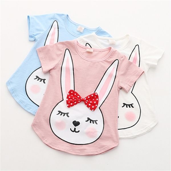 

summer 2 3 4 6 8 10 years children clothing lovely funny cute rabbit print bow baby short sleeve kids girls cartoon t-shirt 210625, Blue