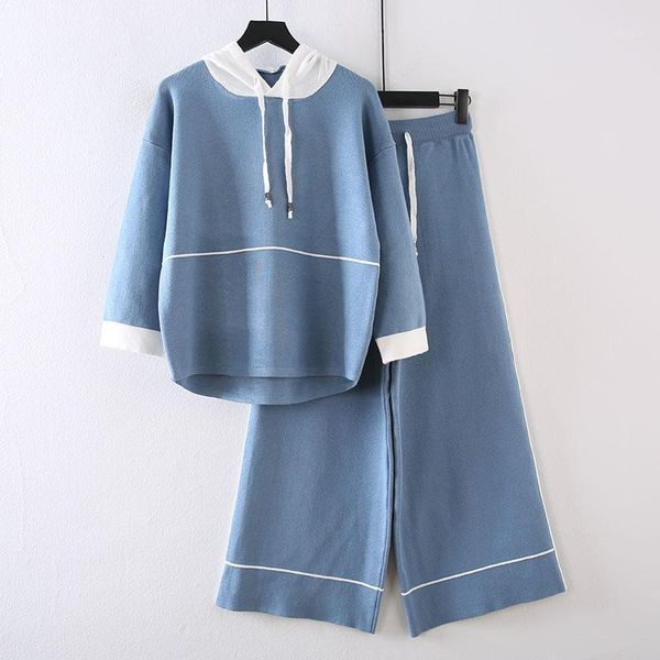 

women's tracksuits sweater set women tracksuit spring autumn knitted suits 2 piece sets pullovers with hoodie wide legs pants, Gray
