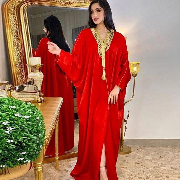 

casual dresses moroccan kaftan dubai for women 2021 golden ribbon v neck batwing sleeve muslim turkey arabic clothes velvet, Black;gray