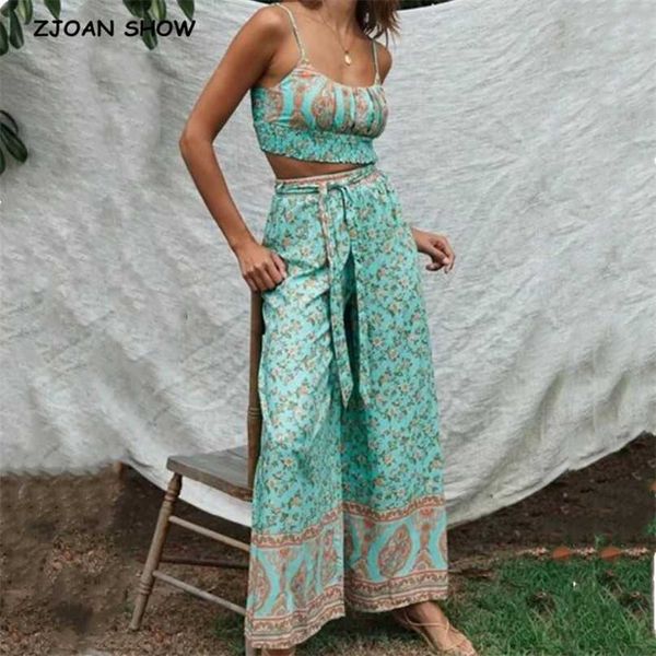 Boemia Crop Top Orlo elastico Stampa floreale Reggiseno Canotta Donne sexy Cravatta con fiocco Pantaloni a gamba larga Camis increspato 2 pezzi Set 211105