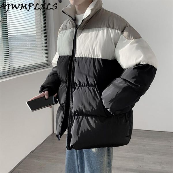 

men's down & parkas streetwear men winter casual warm thicken windproof coats male outwear patchwork stand-collar harajuku loose ins fa, Black