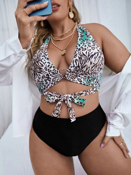 

plus leopard ring linked halter bikini swimsuit 04po#, Black