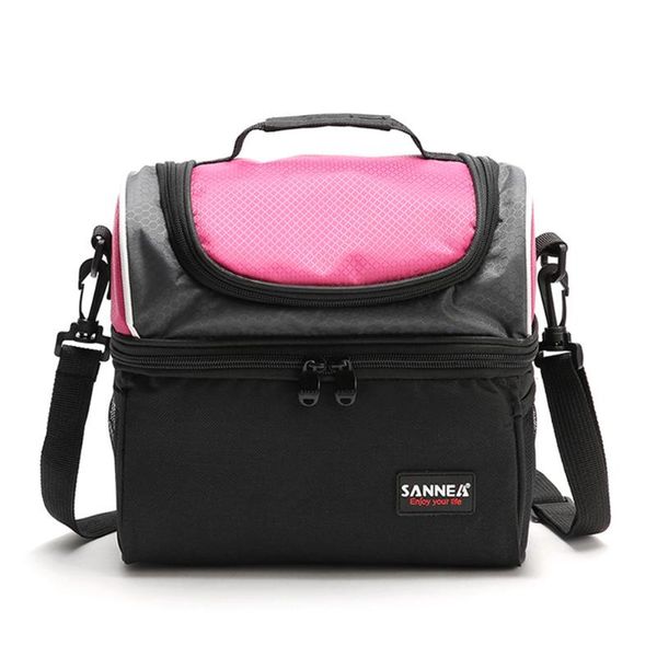 

adjustable work portable picnic thermal insulation travel lunch box bag zipper closure storage school hand held two layers organizer, Blue;pink