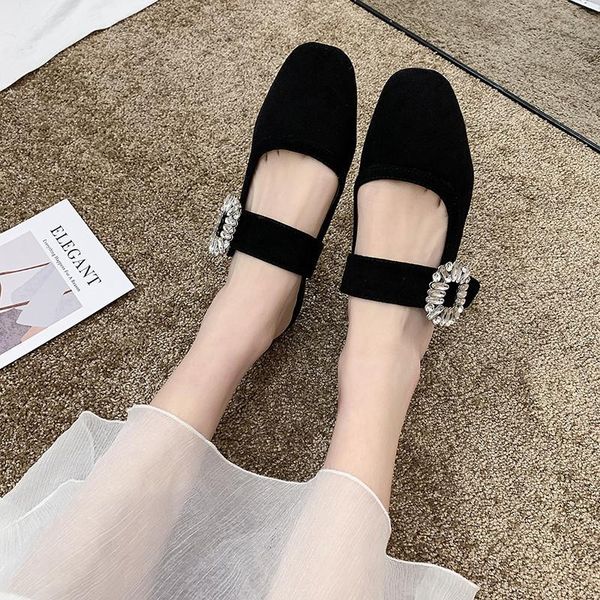 

slippers 2021 spring rhinestone buckle women ankle band mary janes slides shoes ladies square toe flock mules crystal, Black