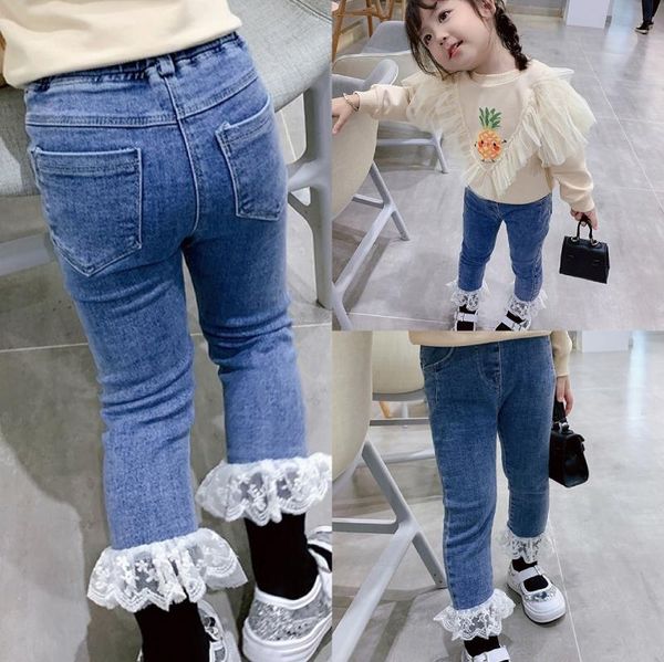 

jeans autumn kids girl lace baby elasticity slim solid denim pants children trousers 3-8 y toddler skinny, Blue