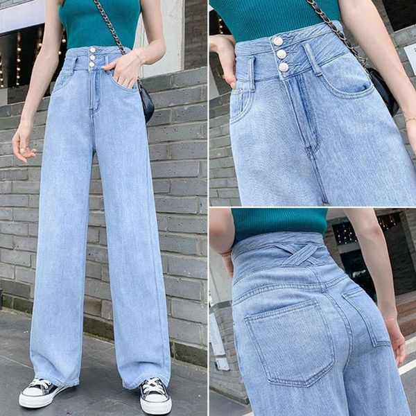 

women's jeans style high-waist wide-leg pants loose straight-leg trousers long three-breasted abdomen and hips mopping blue