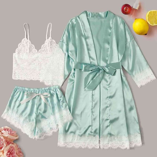 

nightgown underwear 3 women sleepwear piece set lace trim satin pajamas faux silk pijamas robe sets, Black;red