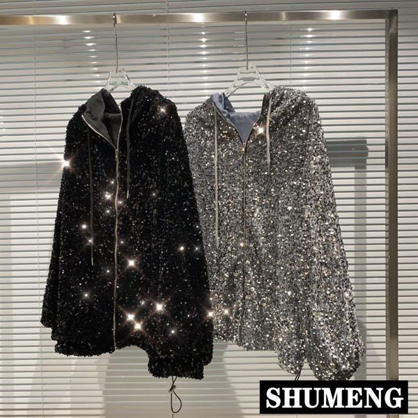 

women's jackets 2021 autumn winter sequined shiny hooded drawstring long sleeve zip jacket fashion streetwear women coat loose hoodies, Black;brown