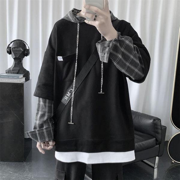 

mens designer t shirts men's fake two-piece hoodie tide brand plaid stitching hooded jacket korean version of harajuku autumn loose pul, Black