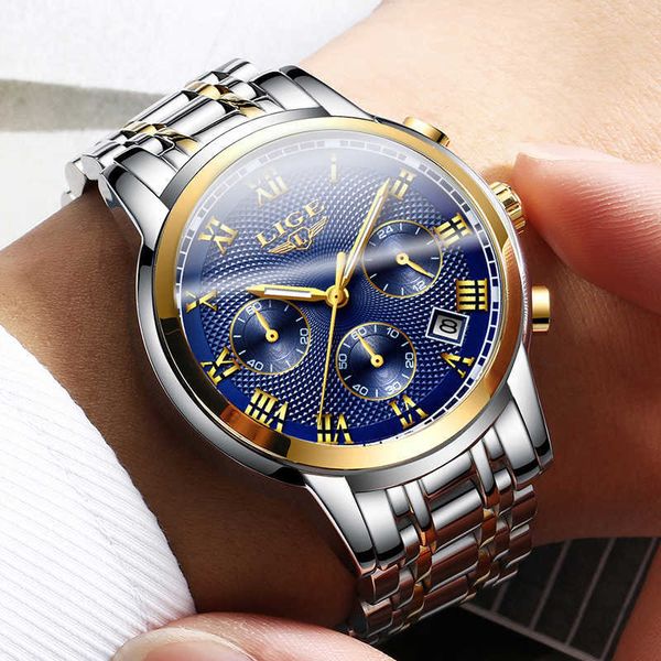 

clock mens luxury brand lige chronograph sports watch for men waterproof all steel quartz gold watch relogio masculino 210527, Slivery;brown