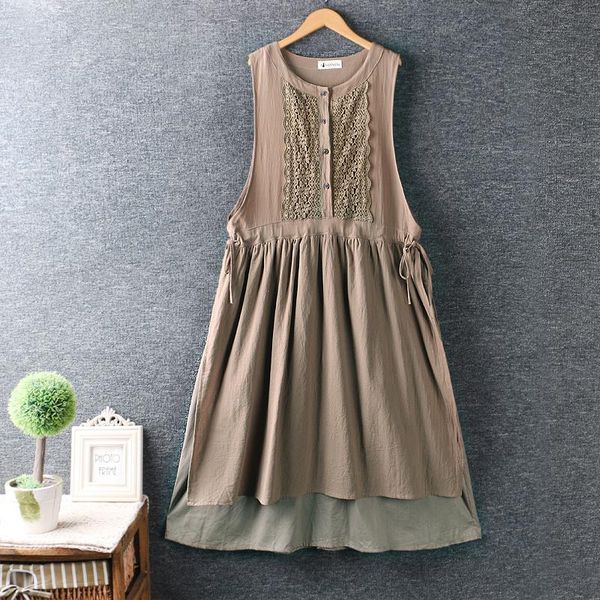 

spring women's small o-neck fresh solid color cotton and linen dress loose hook lace mori girl casual dresses, Black;gray