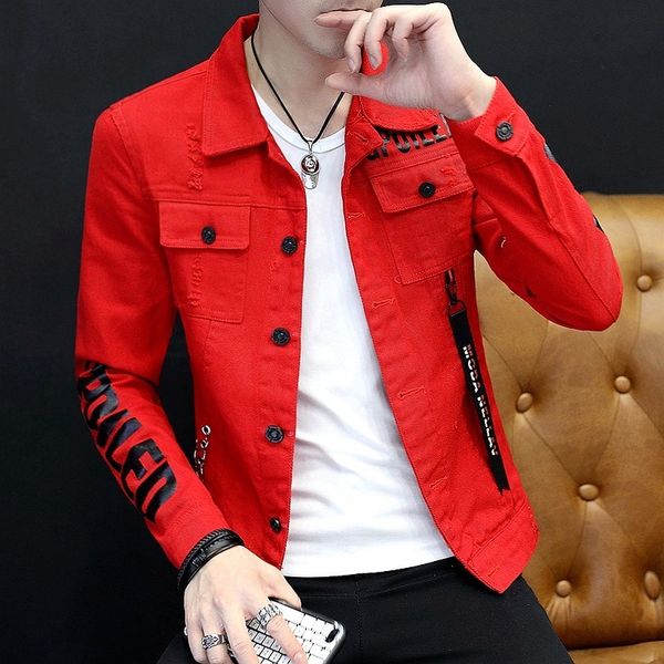 

men's jackets men's denim jacket autumn winter red/grey/white print streetwear teenagers men clothes korean cowboy hip hop coat j, Black;brown