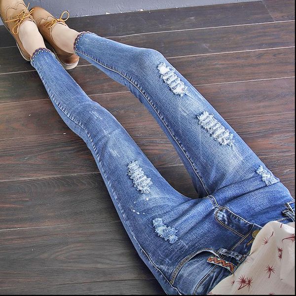 

women jeans stretch slim elastic high waist broken torn ripped skinny woman pants womens trousers femme wholesale, Blue