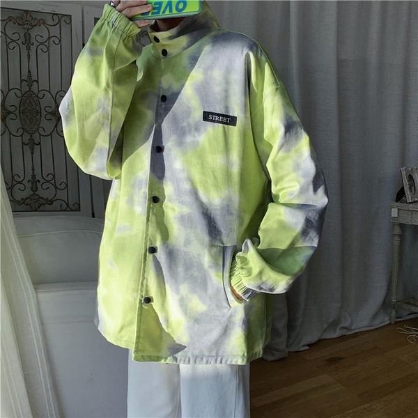 

[ewq] 2021 spring female stand collar single breasted loose long-sleeved two side tie-dyed plus size jacket cardigan coat pink women's, Black;brown
