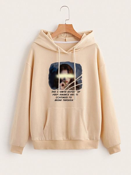 

slogan & figure graphic drop shoulder drawstring hoodie l15a#, White;black