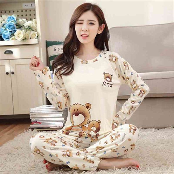 

spring autumn sleep pajama long women sleepwear sleeved cartoonprint pyjamas cotton clothes, Black;red