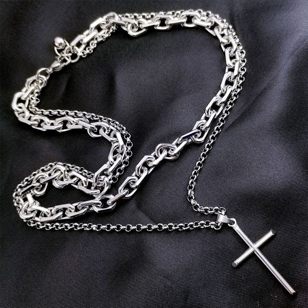 

8.5mm & 4mm width cross pendant double necklace stainless steel silver tone for mens womens