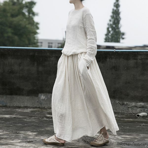 Johnature mulheres vintage bandagem vestidos o-pescoço de manga comprida outono bege branco mulheres roupas simples vestidos 210521