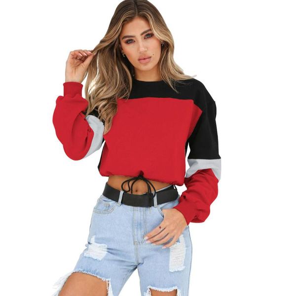 

women's hoodies & sweatshirts women fashion patchwork tie autumn spring casual short waist clothing loose street wear crop elastic, Black