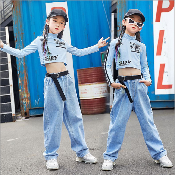 

children jazz dance costume hip-hop clothes long sleeve t-shirt+denim pants sets for boys girls ballroom dancing clothes wear, White