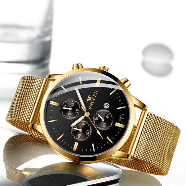 

wristwatches fngeen men watch gold black stainless steel quartz watches mesh strap sport military waterproof luminous relogio masculino, Slivery;brown