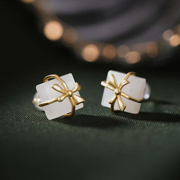 

stud silver inlaid natural an white jade bow earrings chinese style retro unique charm christmas and halloween magic gift, Golden;silver