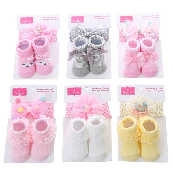 

baby socks kids girls boys accessories children wear cute cartoon striped childrens princess lace bow hairband set b9588, Pink;yellow