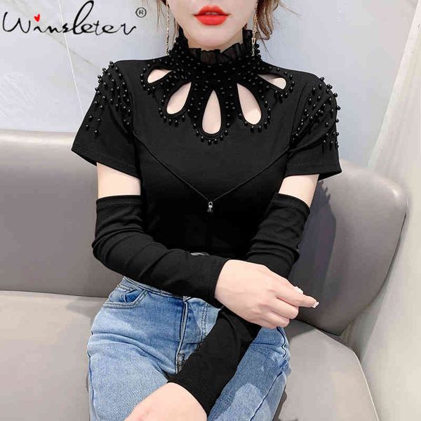 

women's t-shirt spring summer european style girls hollow out beads ruffles women short sleeve with oversleeve tees t117, White